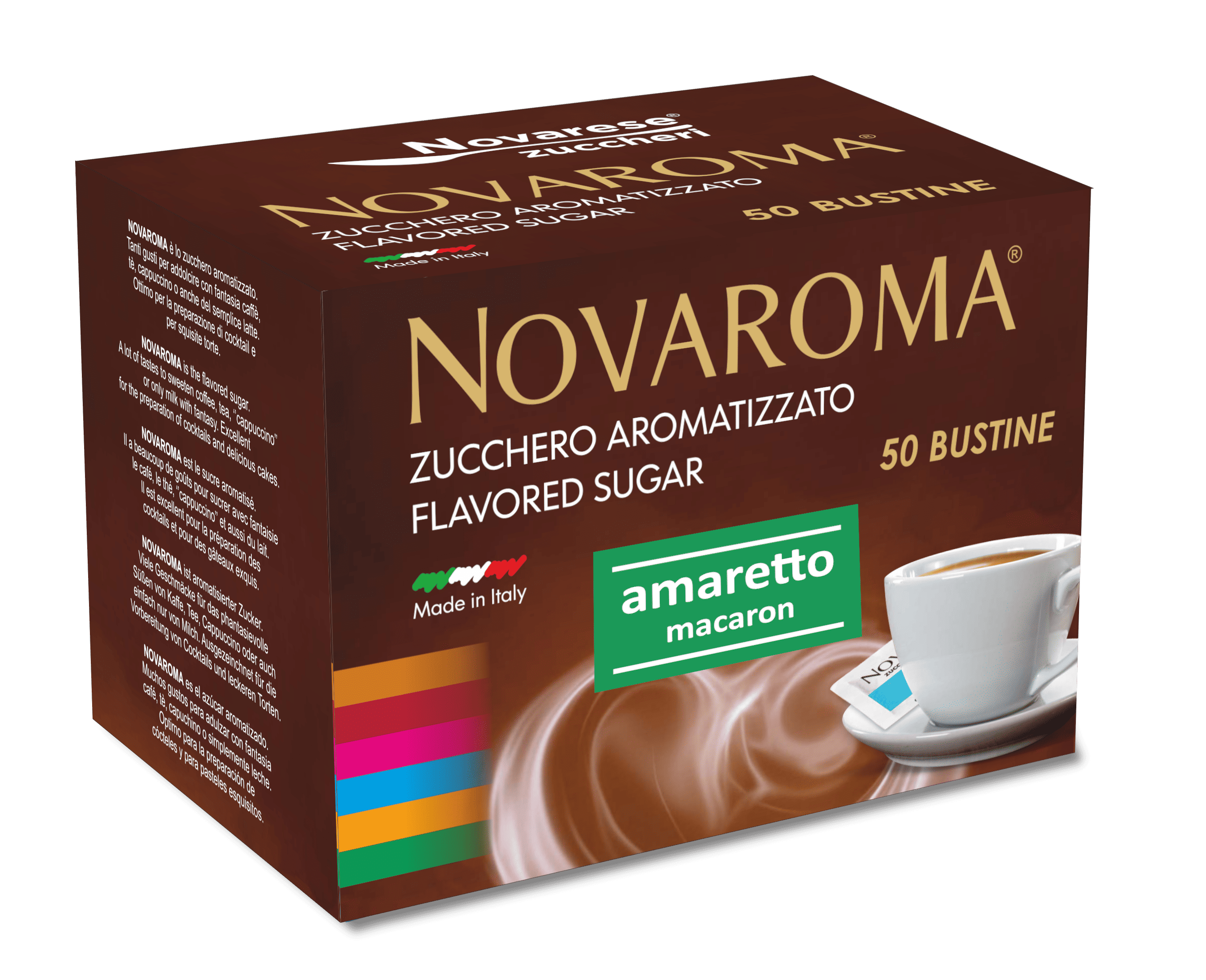 Novaroma | Zucchero aromatizzato al gusto Amaretto - Astuccio da 50 bustine