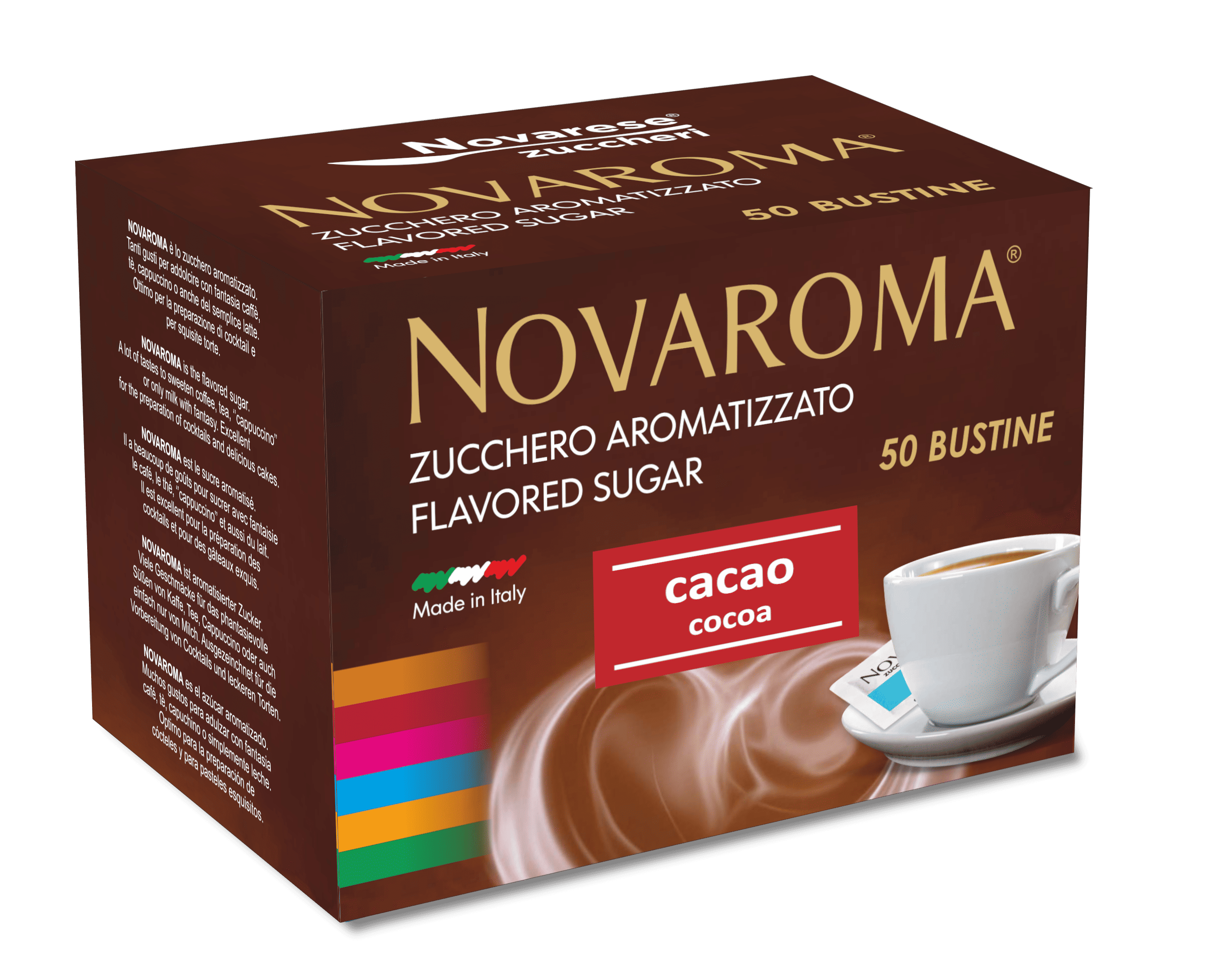 Novaroma | Zucchero aromatizzato al gusto Cacao - Astuccio da 50 bustine