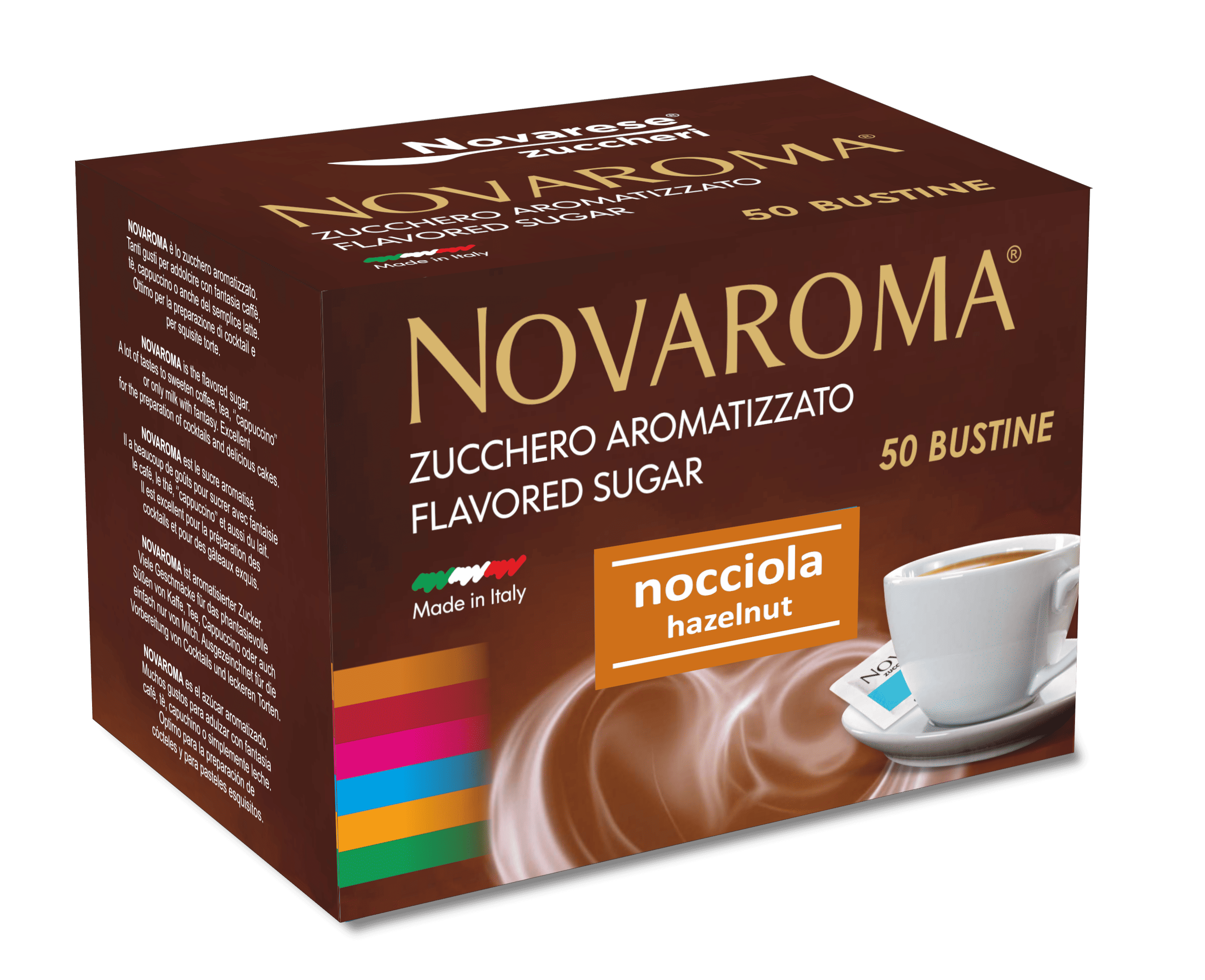 Novaroma | Zucchero aromatizzato al gusto Nocciola - Astuccio da 50 bustine
