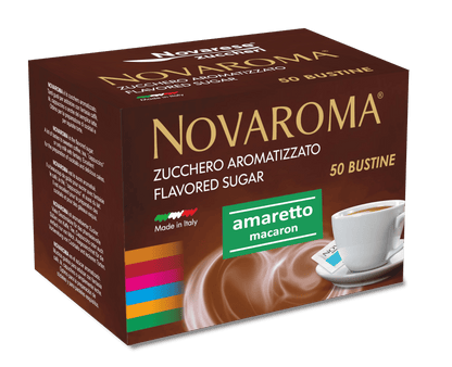 Novaroma | Zucchero aromatizzato al gusto Amaretto - Astuccio da 50 bustine