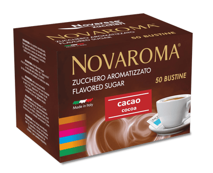 Novaroma | Zucchero aromatizzato al gusto Cacao - Astuccio da 50 bustine