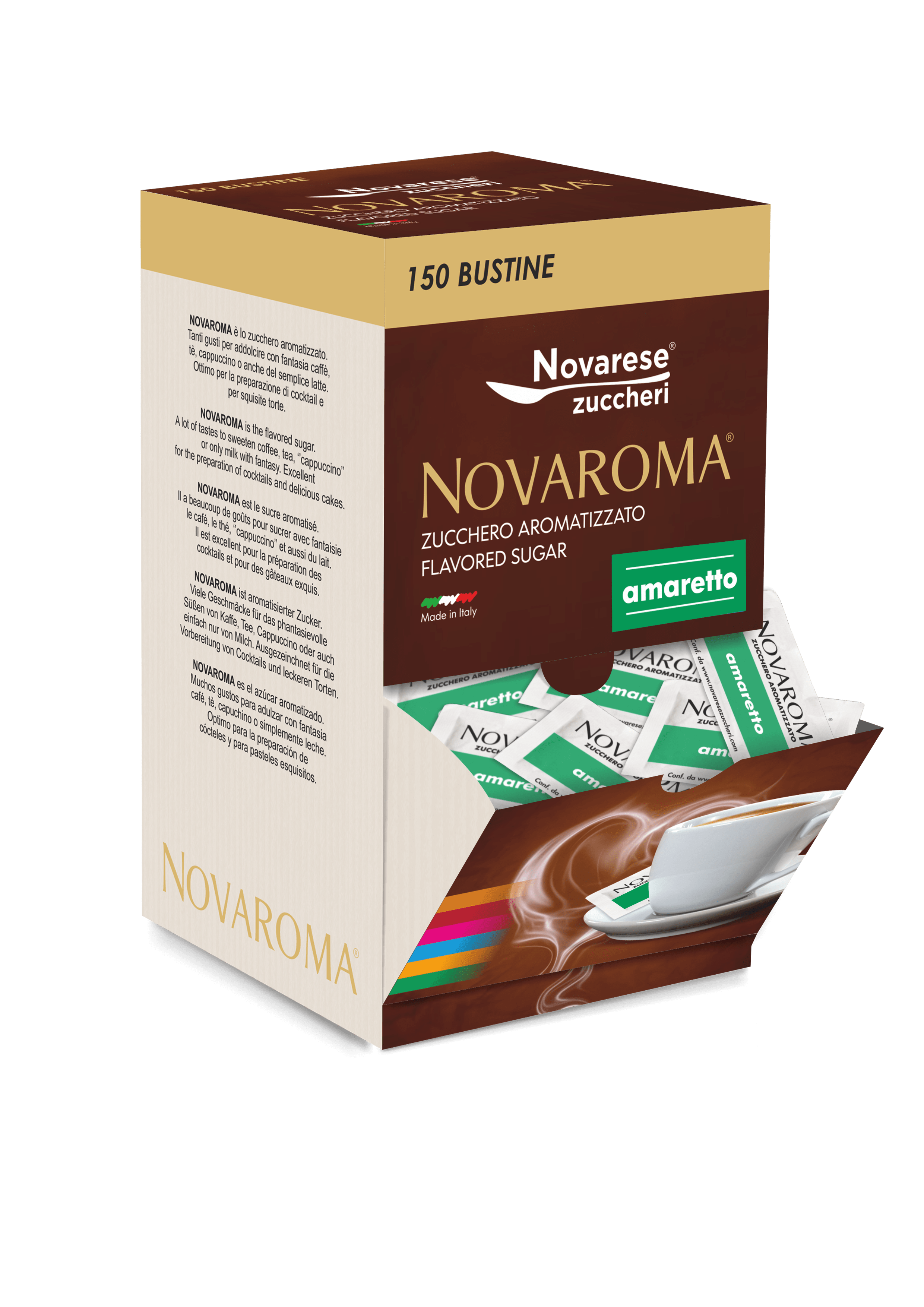 Novaroma | Zucchero aromatizzato al gusto Amaretto - Espositore da 150 bustine