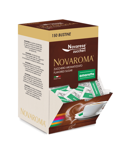 Novaroma | Zucchero aromatizzato al gusto Amaretto - Espositore da 150 bustine
