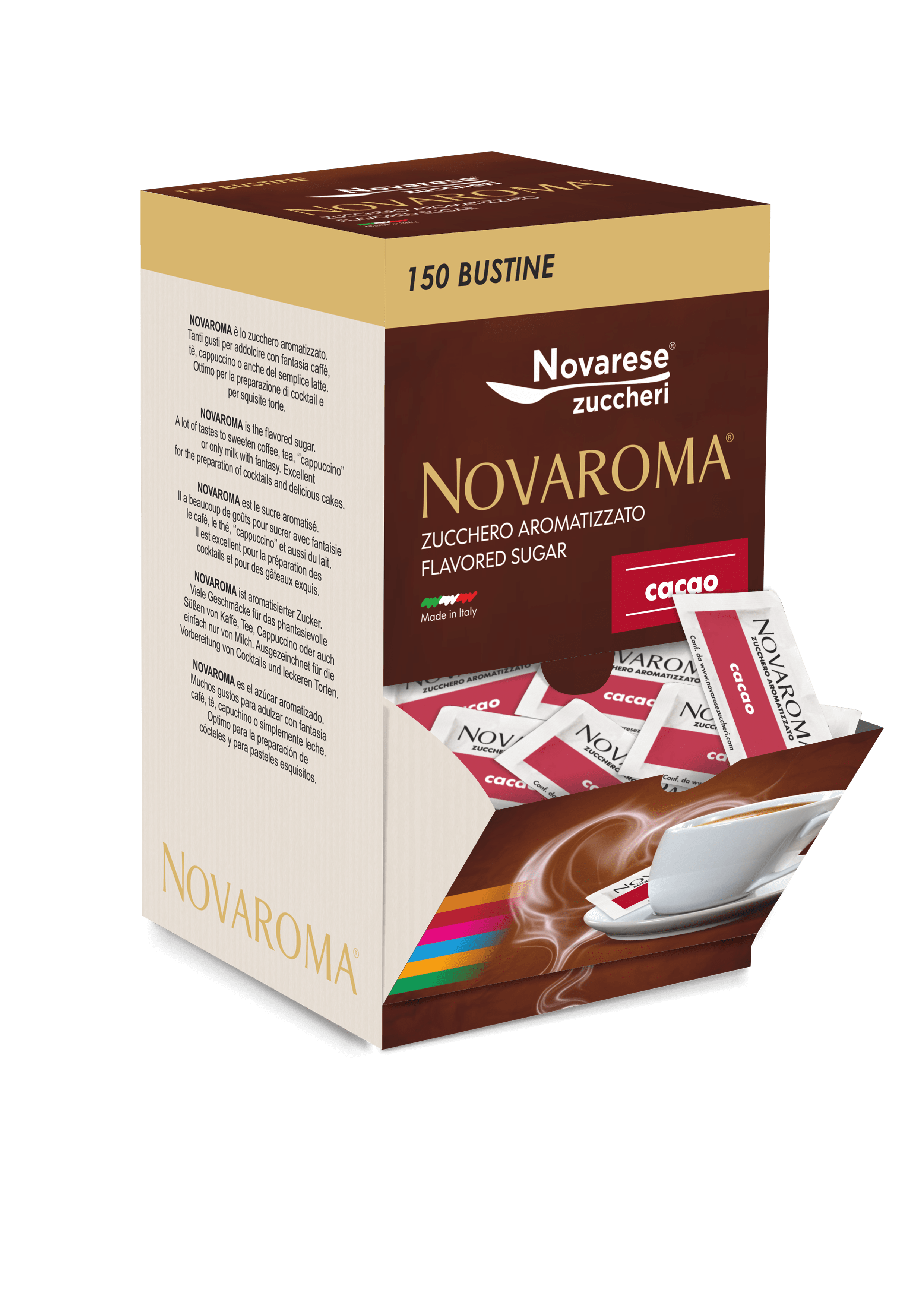 Novaroma | Zucchero aromatizzato al gusto Cacao - Espositore da 150 bustine