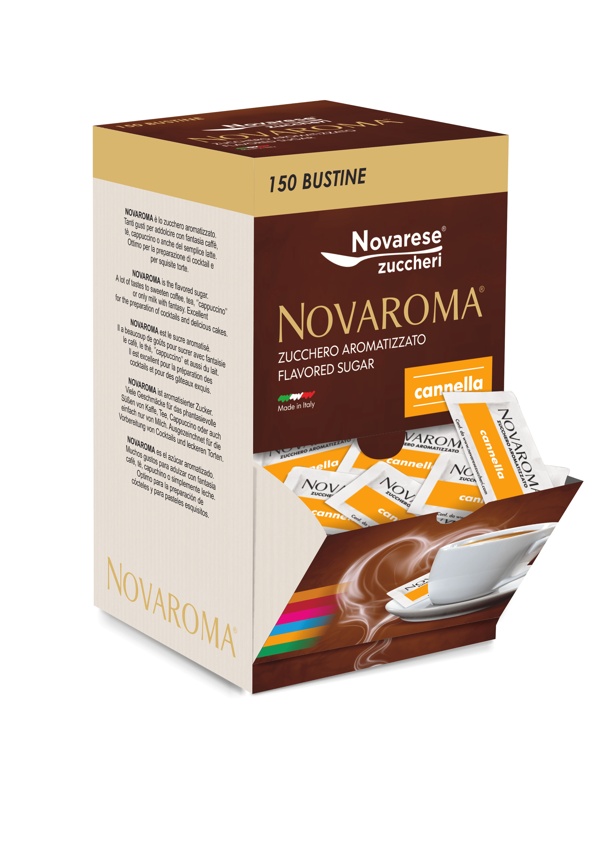 Novaroma | Zucchero aromatizzato al gusto Cannella - Espositore da 150 bustine