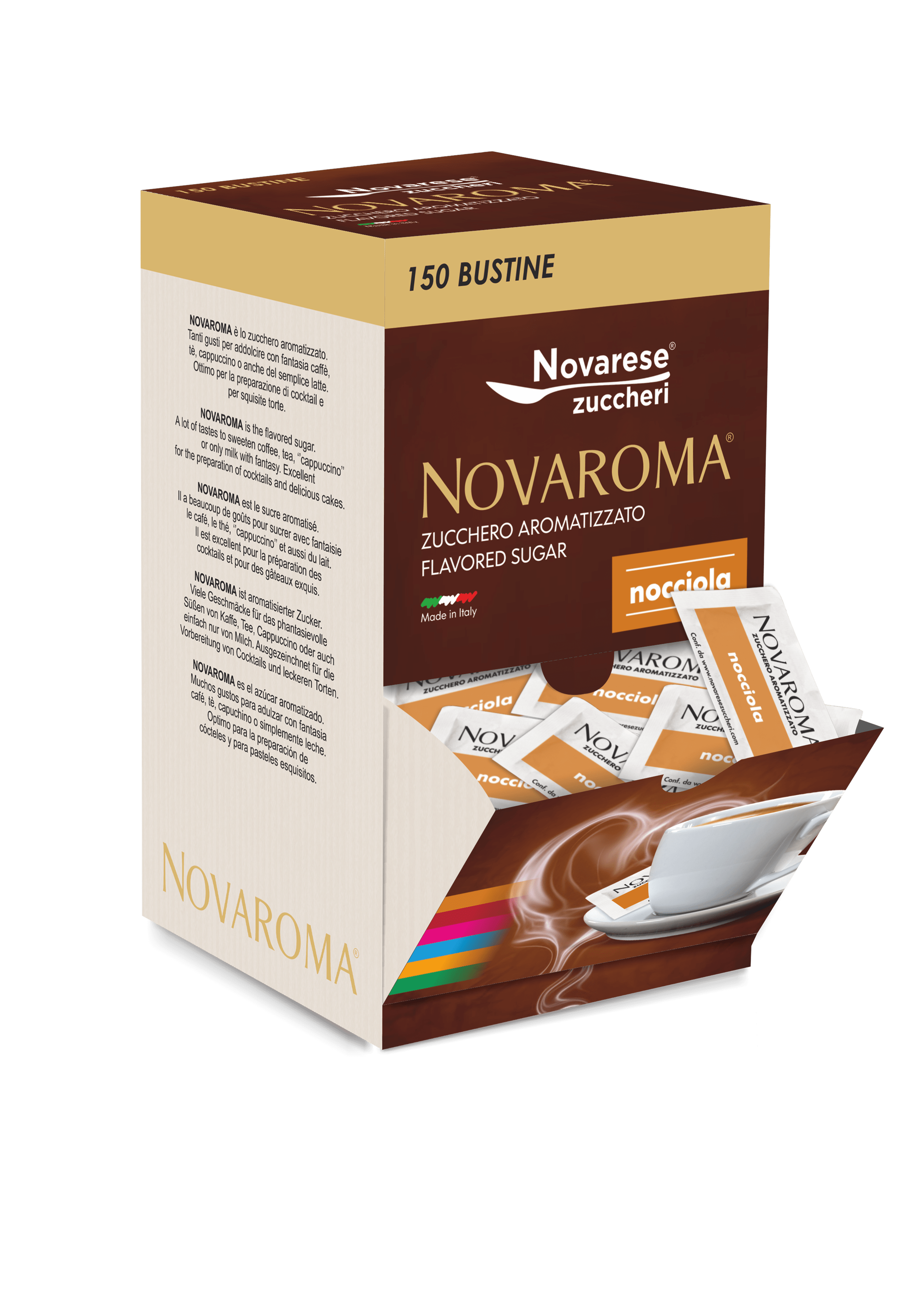 Novaroma | Zucchero aromatizzato al gusto Nocciola - Espositore da 150 bustine