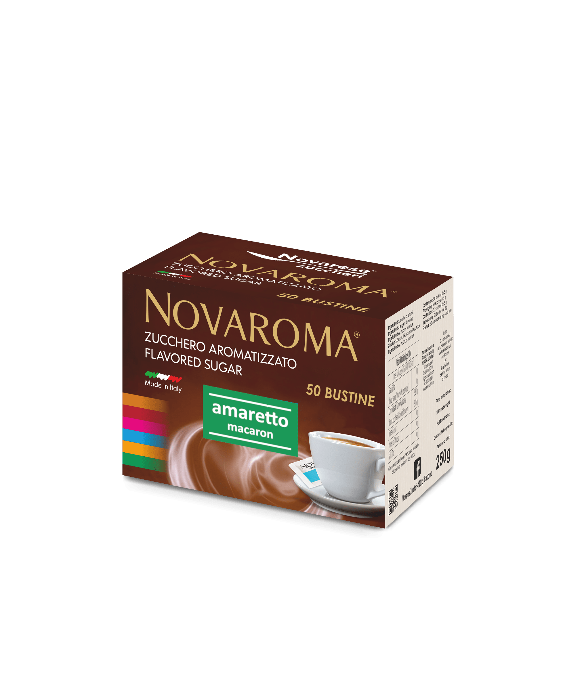 Novaroma | Zucchero aromatizzato al gusto Amaretto - Astuccio da 50 bustine