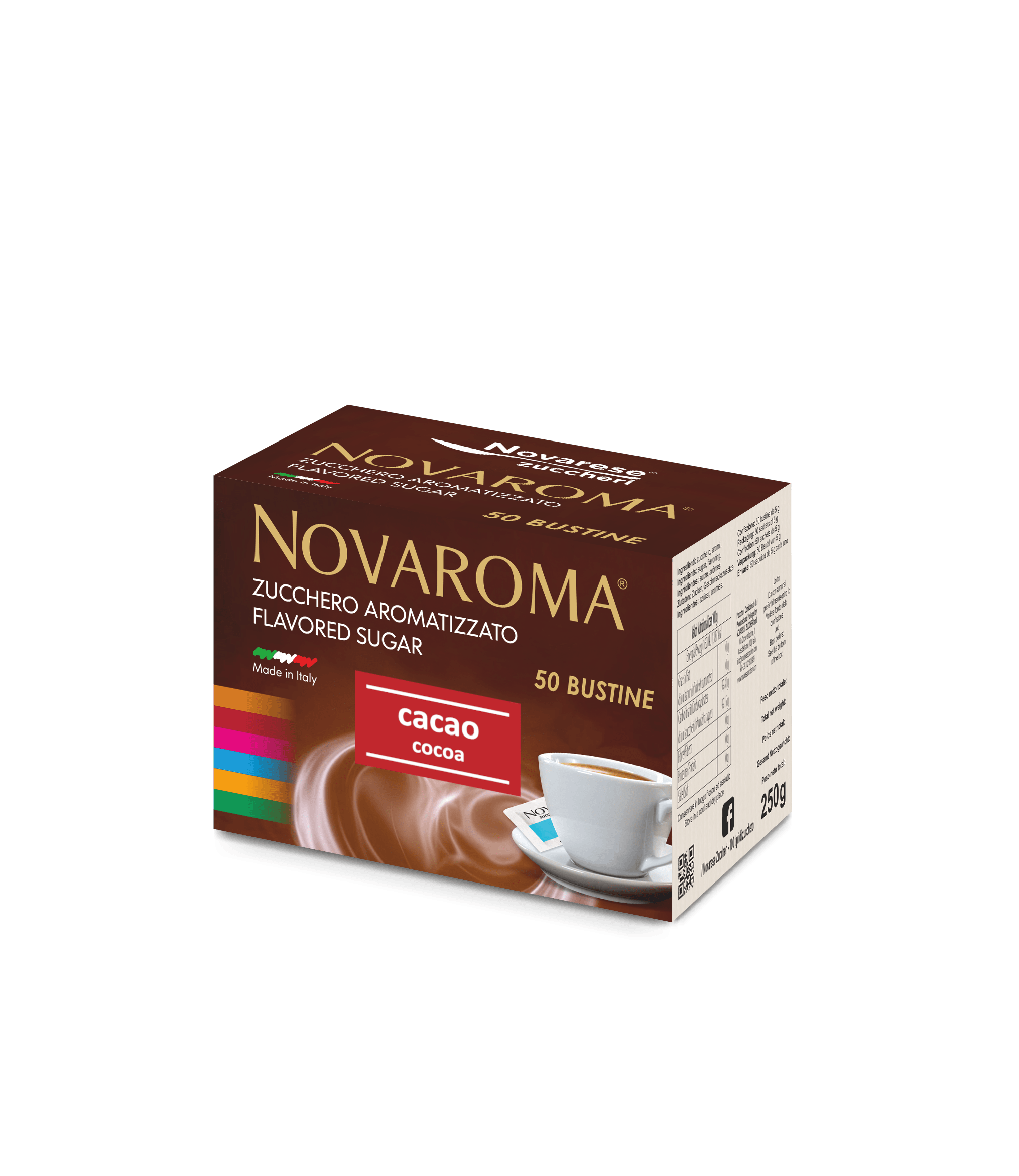 Novaroma | Zucchero aromatizzato al gusto Cacao - Astuccio da 50 bustine