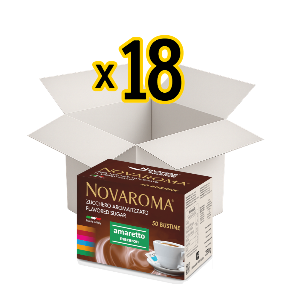 Novaroma | Zucchero aromatizzato al gusto Amaretto - Astuccio da 50 bustine